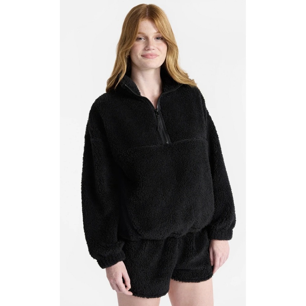 No Boundaries Black Plush Half Zip Pullover Faux Sherpa Fleece Women XXS 00 NWT